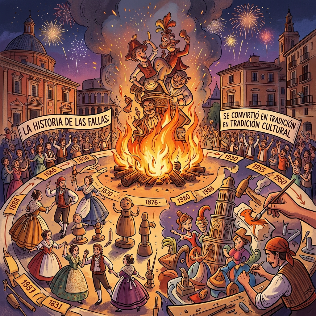 Ilustración de las Fallas con fuego, fuegos artificiales, monumentos y fechas históricas