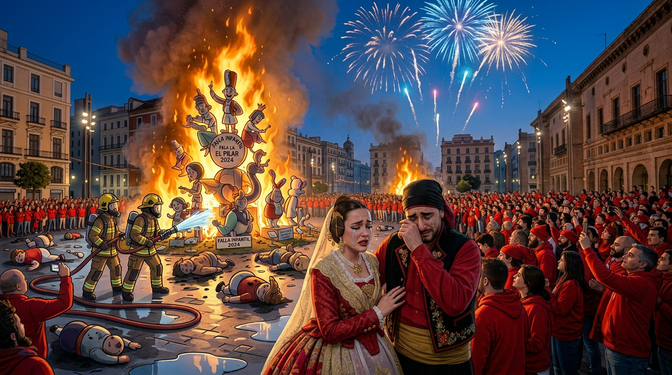 Crowd at Fallas festival beside burning monument labeled Falla Infantil El Pilar 2024