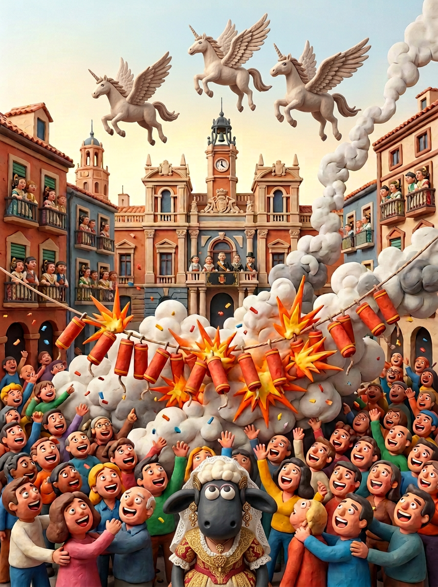 Cartel: LA MASCLETÀ: LA ÚNICA “TERAPIA DE RELAJACIÓN” DONDE CADA TRUENO TE DESPIERTA EL ALMA; multitud ante petardos encendidos